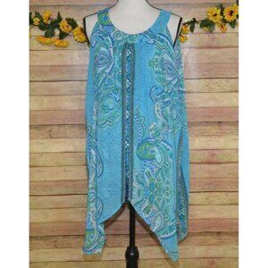 Roz & Ali Aqua Paisley Print Sleeveless Top Blouse Size XL Embellished Fairy